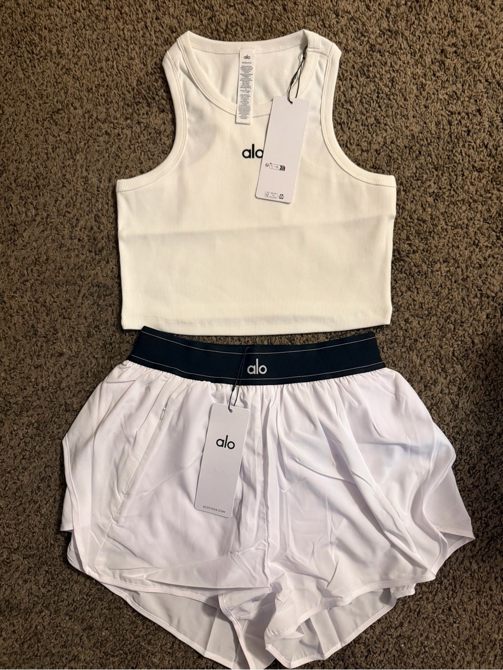 ALO Yoga White Athletic Shorts with Black Waistband